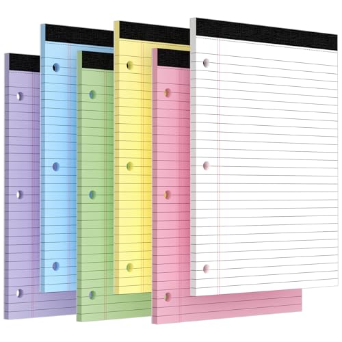 3 Hole Legal Pad 8.5 x 11, 6 Pack Colored Note Pads, Notebook Paper Wide Ruled, Writing Paper Pads, Notepads with Binder Holes, Lined Paper 8.5x11, Ideal for School, Home, Office, 30 Sheets/Pack - style: 6 Pack-30 Sheets/Pad-Colored