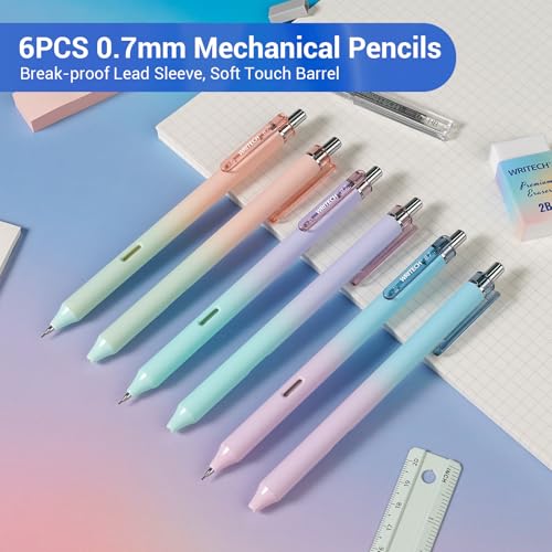 WRITECH Up Mechanical Pencil Set: 0.7mm Gradient With Erasers Drawing 6ct | Aesthetic Barrel Pencils with 4 Tubes of HB Lead Refills and 2 Extra Erasers for Writing Drawing Sketching Drafting