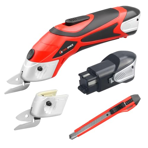 Cordless Electric Scissors with Two Blades, TOOLSPACE Electric Cardboard Cutter Fabric Scissors for Cutting Fabric, 4V Lithium-Ion 2 Pcs Rechargeable Battery, Easy Carry and Fast Charging - color: Red-2batteries