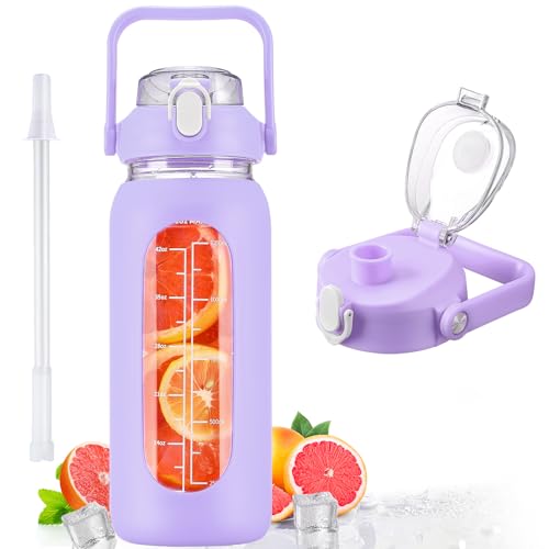 56oz Glass Water Bottles with Straw, Motivational Glass Bottle with Silicone Sleeve and Time Marker, Leakproof Large Glass Water Jug for Gym Home Office,Purple - color: Purple, size: 56 Ounces