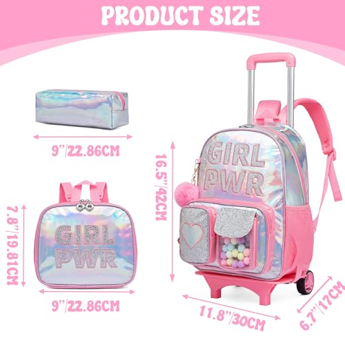 Meetbelify Rolling Backpack for Girls Backpack with Wheels for Elementary Student Kids School Bag with Lunch Box Pencil Case for Girls Ages 6-8 Years Old - color: Prw Pink