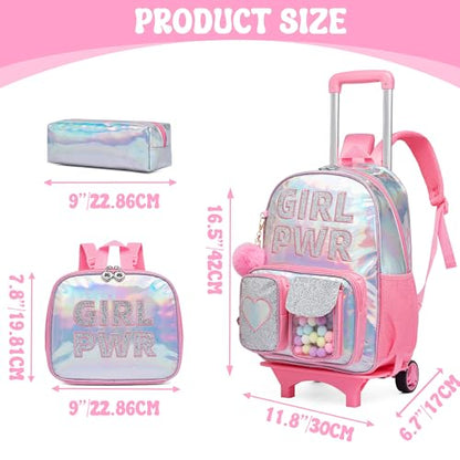 Meetbelify Rolling Backpack for Girls Backpack with Wheels for Elementary Student Kids School Bag with Lunch Box Pencil Case for Girls Ages 6-8 Years Old - color: Prw Pink