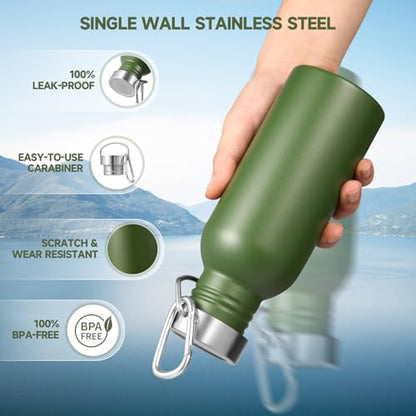 Volhoply 20oz Uninsulated Single Walled Water Bottle, Stainless Steel Reusable Water Bottles with Handle & Carabiner, BPA Free 18/8 304 Sports Water Bottles for Camping Hiking（Army Green,1） - color: Army Green