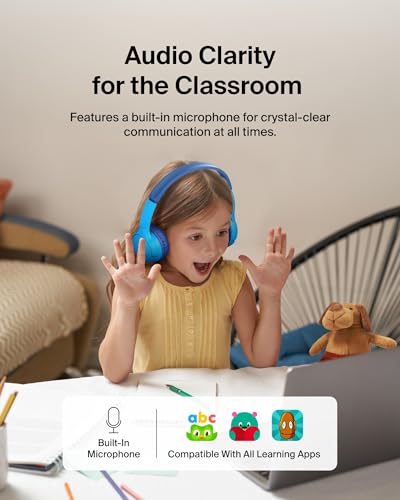 Belkin SoundForm Mini - Wireless Bluetooth Kids Headphones, 30H Battery, 85dB Safe Volume Limit, Built-in Microphone - Toddler On-Ear Earphones for iPhone, iPad, Fire Tablet, Ideal for School - Blue - color: Blue, style: Wireless (USB-C)
