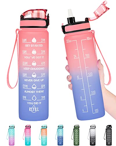 Enerbone Water Bottle, Leakproof BPA & Toxic Free, Motivational Water Bottle with Times to Drink and Straw, Fitness Sports Water Bottle with Strap for Office, Gym, Outdoor Sports - color: Pink-Blue, size: 32 Ounces