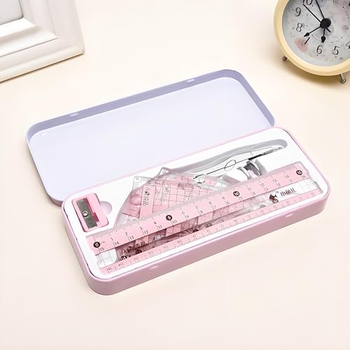 8 Pcs Compass/Math Set for Students with Shatterproof Storage Box, Geometry Set for School, Includes Ruler, Protractor, Compass, Pencil,Pencil Sharpener and Eraser,etc. Perfect Gift (Pink)
