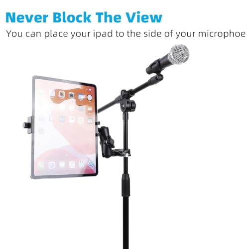 Aluminum Tablet Holder for Mic Stand, Side Mount for All iPad, 360 Rotatable With Super Clamp Compatible for iPad Pro 12.9, Air, Mini, Galaxy Tabs, 4.7-15" Tablets