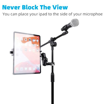 Aluminum Tablet Holder for Mic Stand, Side Mount for All iPad, 360 Rotatable With Super Clamp Compatible for iPad Pro 12.9, Air, Mini, Galaxy Tabs, 4.7-15" Tablets