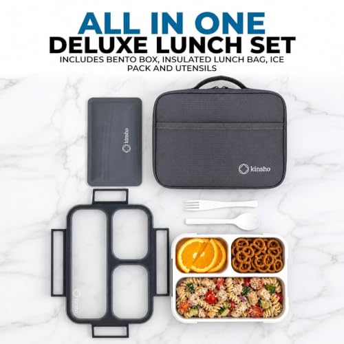 kinsho Bento Lunch Box, Ice Pack, Insulated Bag for Kids Adults, Black Gray | 3 Leak-Proof Compartments, Secure Lid, Insulated Food and Snack Container Set for Boys, School, Work, BPA Free - color: Black in Grey Bag