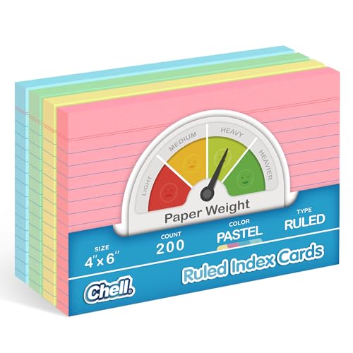 Chell Pastel Colors Ruled Index Cards 4x6 Heavyweight, 200 Count | 65 lb. Cover Weight, Ruled Front and Blank Back, Easy Writing, Not Easy to Penetrate Ink - color: Pastel, size: 4"x6"