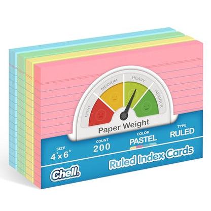 Chell Pastel Colors Ruled Index Cards 4x6 Heavyweight, 200 Count | 65 lb. Cover Weight, Ruled Front and Blank Back, Easy Writing, Not Easy to Penetrate Ink - color: Pastel, size: 4"x6"