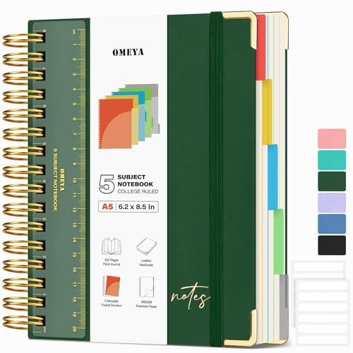 Leather 5 Subject Spiral Notebook: Hardcover College Ruled Notebook with Pocket Dividers & Ruler, 300 Pages 100GSM Thick Writing Spiral Journal for Women Men, Lined A5 Notebooks for Work School, 6"x8" - color: Green, size: A5