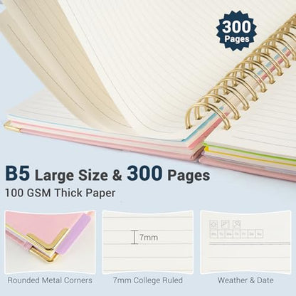Hardcover Spiral Journal Notebook, 300 Pages 5 Subject Notebook College Ruled with Removable Dividers Tabs, 8" x 10" Notebooks for Work, Spiral Ruled Lined Writing Journal Hardcover Leather Notebook for School (Dark blue marble, 8''x 10'') - color: Dark b