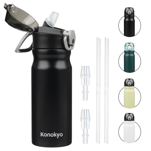 Konokyo 18 oz Insulated Stainless Steel Sports Water Bottle with Straw Lid | BPA-free, leak-proof reusable sports bottle with carry loop for gym, office, hiking, camping, travel & hydration - color: Black, size: 18 Ounces