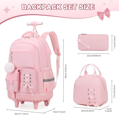 Scothen Rolling Backpack for Girls, Girls Backpack Set with Lunch Box & Pencil Pouch for Teen Girl Kids Children Elementary Middle School, Bookbag Daypack Laptop Travel Backpack with Wheels (Pink) - color: Pink