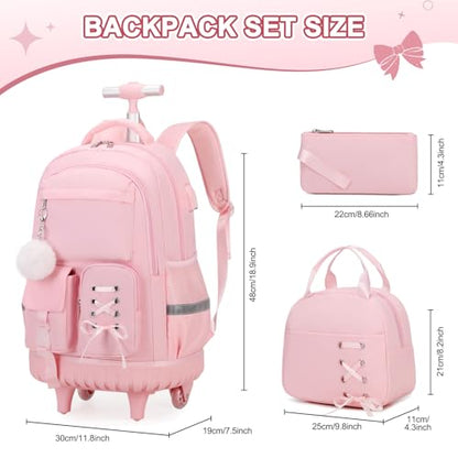 Scothen Rolling Backpack for Girls, Girls Backpack Set with Lunch Box & Pencil Pouch for Teen Girl Kids Children Elementary Middle School, Bookbag Daypack Laptop Travel Backpack with Wheels (Pink) - color: Pink