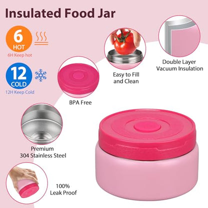 Kids Bento Lunch Box Set with 9.5oz Soup Thermo, Leak-Proof Lunch Food Containers with 3 Compartment and Removable Inner Tray, Insulated Hot Food Jar with Lunch Bag for School, Office, Pink - color: Pink