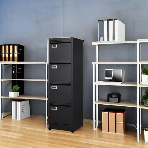 BYNSOE 4 Drawer File Cabinet with Lock Metal Vertical File Cabinet Office Home Vertical File Cabinet for A4 Legal/Letter Size Narrow File Cabinet Locked,Assembly Required (Black, 4 Drawers- Vertical) - color: Black, size: 4 Drawers