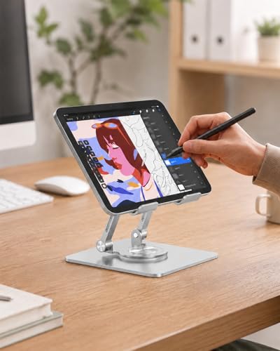 Tablet Stand for iPad, Aluminum iPad Stand for Desk | 360° Rotating, Compatible with 4.7-12.9" iPad, Foldable, for Tablet, Kindle, Galaxy Tab, Silver - color: Silver