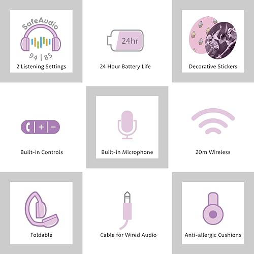 BuddyPhones POP Fun | Foldable Bluetooth Kids Headphones + Microphone, Works Wired or Wireless - SafeAudio Volume Limiting for iPhone/iPad/Tablet/PC and More (Pink)