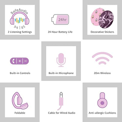 BuddyPhones POP Fun | Foldable Bluetooth Kids Headphones + Microphone, Works Wired or Wireless - SafeAudio Volume Limiting for iPhone/iPad/Tablet/PC and More (Pink)