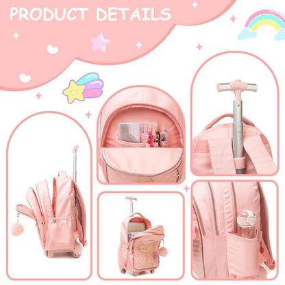 Rolling Backpack for Kids 8-12 Girls Rolling Backpack Kids Trolley School Bag with Wheels Travel Backpacks Carry on Luggage for Girls with Lunch Box Pencil Case - color: Mermaid Pink