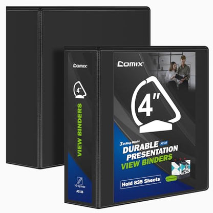 Comix Durable 3 Ring Binder, 4 inch D Ring Binders, Hold 835 Sheets of US Letter Size Paper, 2 Pack (Black) - color: Black, size: 4 Inch, style: 2 Pack
