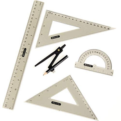 BAZIC Products 4-Piece Geometry Set with Compass, 2-Pack | 4-piece geometry set (12 in ruler, 30/60 and 45/90 triangles, 180-degree protractor) plus a compass - size: 2-Pack