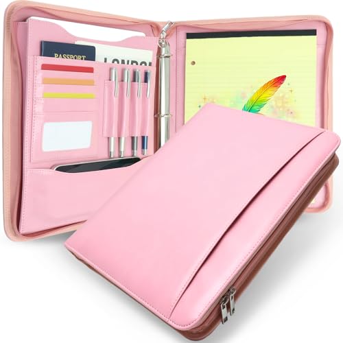 Faux Leather Zippered Padfolio with 3 Ring Binder, Executive Portfolio Organizer Binder for Women, Fits 13.9" Laptop/Tablet, Refillable Writing Pad Pocket, Pink - color: Pink, size: Zipper Portfolio(13.7"x11"x1.57")