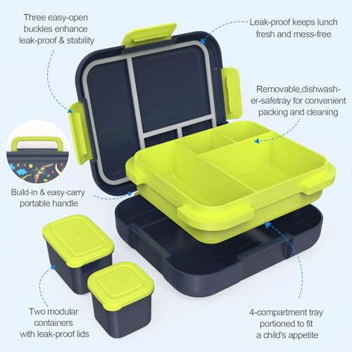 Caperci Bento Box for Kids Age 4-8 - Leak-Proof Toddler Lunch Box Container with 2 Modular Containers & 4-Compartment, Hold 4.8 Cups, Portable Handle, BPA-Free, Microwave/Dishwasher Safe (Dinosaur) - color: Dinosaur
