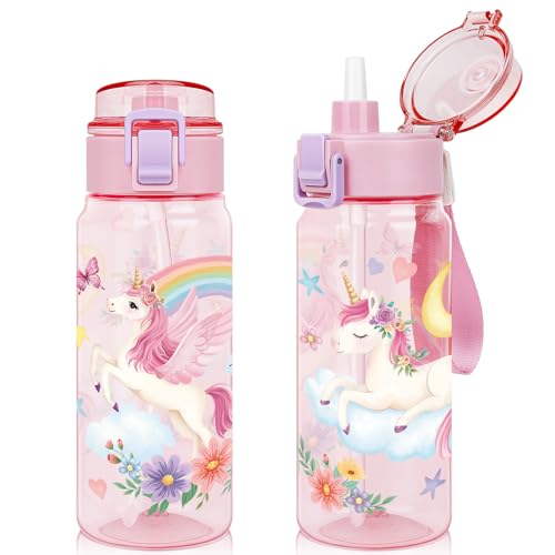 Tritan Kids Water Bottle for School, 18.6 oz Leakproof 2-in-1 Toddler Water Bottle with a Pop-up Detachbale Straw, Dishwasher Safe (Unicorn) - color: Unicorn