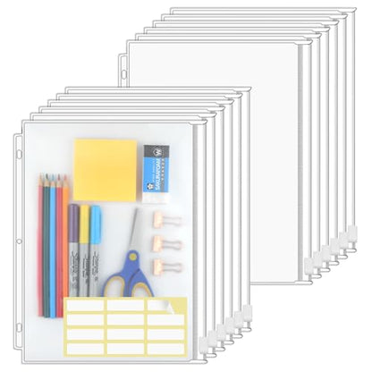KTRIO 24 Pack Binder Pockets, 8.5 x 11 Zipper Pouches for 3 Ring Binders | Thickened PVC Document Folders, 3 Holes Pre-Punched Fits Standard Binder Letter-Size Paper Storage, Business Office Supplies - size: 24 Pack, style: White Zipper