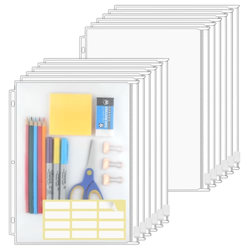 KTRIO 24 Pack Binder Pockets, 8.5 x 11 Zipper Pouches for 3 Ring Binders | Thickened PVC Document Folders, 3 Holes Pre-Punched Fits Standard Binder Letter-Size Paper Storage, Business Office Supplies - size: 24 Pack, style: White Zipper