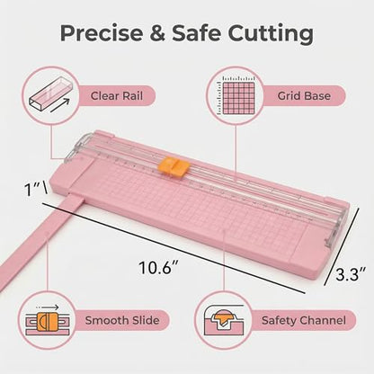 Paper Cutter, Pink Sliding Blade Trimmer with Clear Ruler and Grid Base for Cardstock, Photos, and Craft Projects, Compact Desktop Tool, 1 Pack