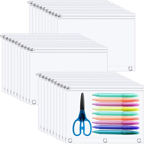 Lincia 30 Pack Clear Pencil Pouch for 3 Ring Binder Zippered 3 Ring Binder Pocket Inserts Bag Pencil Case 10 x 7'' Visible Cash Envelope with Re-enforced Grommet for College Office