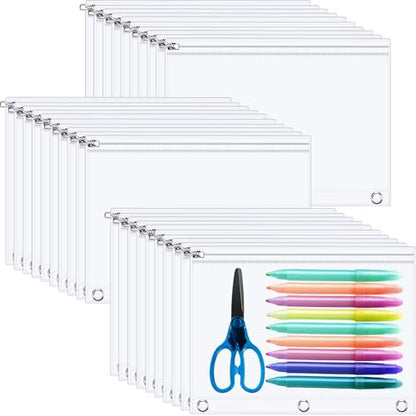 Lincia 30 Pack Clear Pencil Pouch for 3 Ring Binder Zippered 3 Ring Binder Pocket Inserts Bag Pencil Case 10 x 7'' Visible Cash Envelope with Re-enforced Grommet for College Office