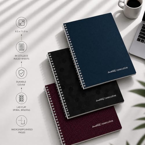 Ledesma Executive Spiral Notebook — Premium College Ruled, 8.5 x 11.5 in, 84 Sheets, Refined Sugarcane Paper, Executive Lay-Flat Binding, Professional Poly Cover, Microperforated Pages - color: Black