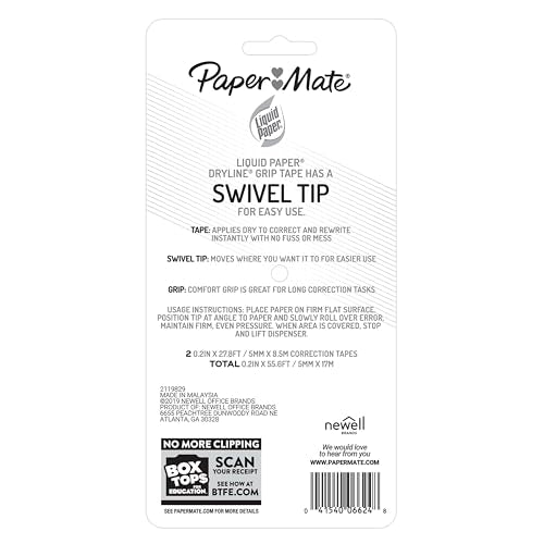 Paper Mate Paper Mate Liquid Paper DryLine Grip Correction White Tape, 2 Count - size: 2 Count (Pack of 1)