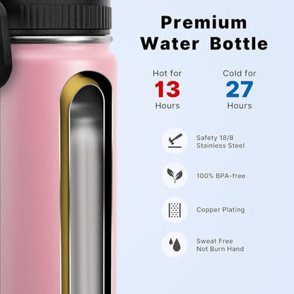 koodee 16 oz Water Bottle Stainless Steel Double Wall Vacuum Insulated Water Bottle Wide Mouth Flask with Leakproof Straw Lid (Light Pink) - color: light-pink-A, size: 16 Ounces