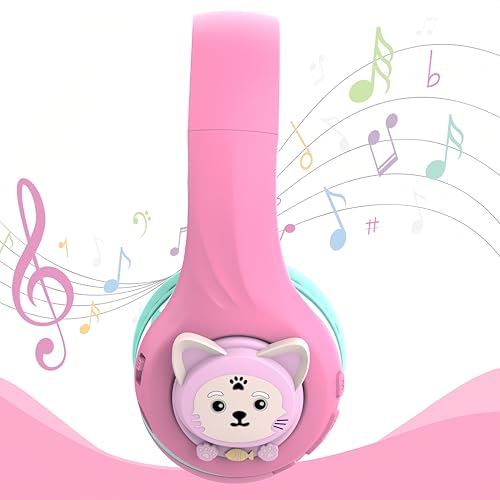 Riwbox CB-7S Kids Wireless Headphones,with Safe Volume Control 74/85/95dB,LED Glow Lights,50H Playtime,Bluetooth V5.3,Built-in Mic, TF Card Slot,for Travel/School/Phone/Laptop (Pink&Green) - color: Pink&Green