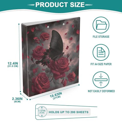 Dark Gothic Roses Black Butterfly Binder 3 Ring 1.5 Inch Binder with Clipboard&Pockets, Hardcover Binders Heavy Duty Large File Folder for Office School Supplies - Holds 200 Sheets - color: Dark Roses With Black Butterfly, size: 1 Pack-12.4x10.63in
