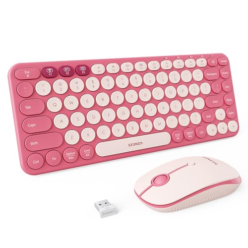seenda Bluetooth Wireless Keyboard and Mouse Combo, COE203 Quiet Round Keycaps, 3-Device Multi-Connection, Bluetooth & 2.4G USB Receiver, Wide Compatibility with iPad/Tablet/Laptop/Mac/Windows, Pink - color: Pink