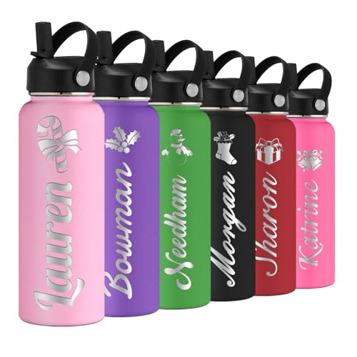 Personalized Water Bottle with Straw Lid for School,Custom Engraved Insulated Stainless Steel Sports Water Bottle with Name for Girls Boys Women Men(24oz/32oz/40oz,12 Colors) - color: Pink, style: Christmas