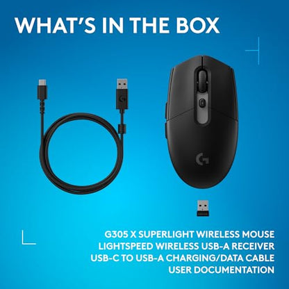 Logitech G305 X SUPERLIGHT Wireless Gaming Mouse, Lightweight 59g, HERO 44K Sensor, RGB lighting, LIGHTSPEED and Bluetooth, 130+ Hr Battery Life, 6 Programmable Buttons, Compatible with PC/Mac - Black - color: Black, style: Superlight