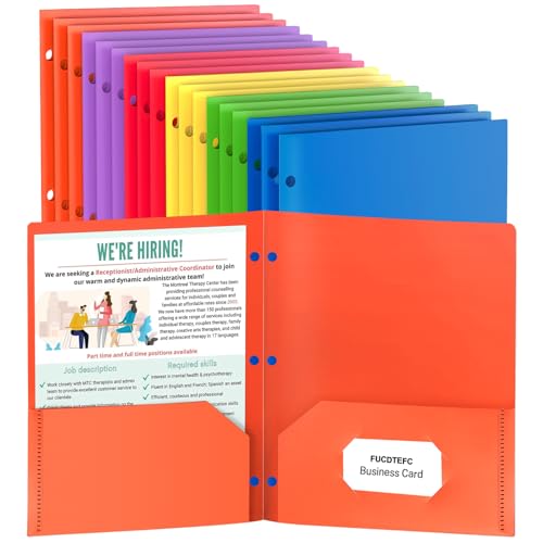 18 Pack Folders with Pockets, Plastic 3 Hole Punched Binder Folders with Business Card Holder, Colored Decorative File Folders for Documents, Filing Cabinet, School, Office, Business - size: 18 Pack