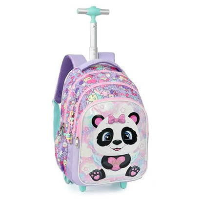 Cartoon Rolling Backpack for Boys Girls, Kids 5 Pcs Wheeled Backpack, Travel Backpack for Elementary Students (Panda Purple) - color: Panda Purple