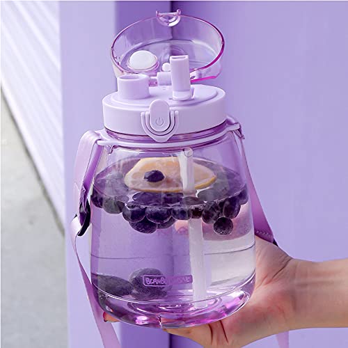 Kawaii Water Bottle with Straw 45oz with Two Ways to Dinking Modern Cute Water Jug With Strap for Women/Teen Girl/School, Purple - color: Purple