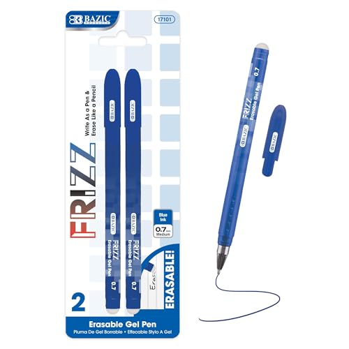 BAZIC PRODUCTS Frizz Blue Erasable Gel Pens, 0.7mm Medium, 2 Count | 0.7 mm medium, Rub-to-erase tip, no white-out, Pocket clip, school, notes