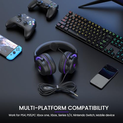 EKSA E900 Headset with Microphone for PC, PS4,PS5, Xbox - Detachable Noise Canceling Mic, 3D Surround Sound, Wired Headphone for Gaming, Computer, Laptop, 3.5MM Jack - color: Purple