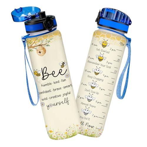 Bee Yourself Water Bottle with Time Marker - 32oz Motivational Sports Bottle - Humble Kind Fun Bee Design - Positive Gift for Women, Men, Adults - color: Yellow and White